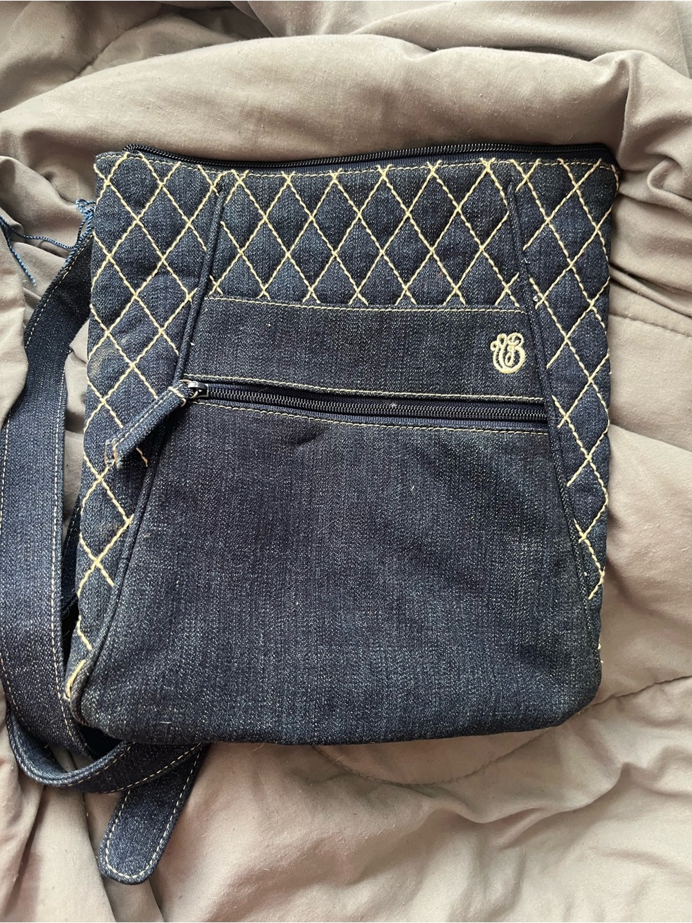 Vera Bradley Quilted Denim Crossbody in Dark Blue with Cream Stitching